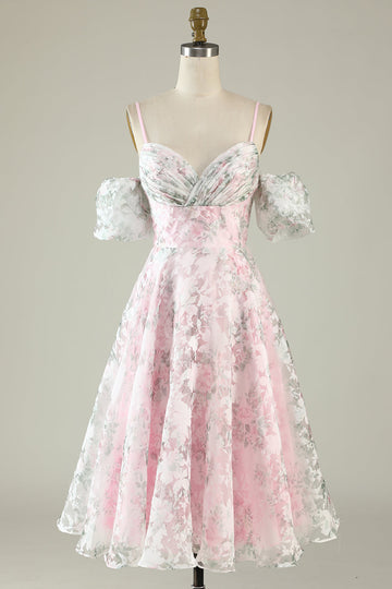 Rosa En-linje Kall Axel Blomma Tryckt Cocktailklänning